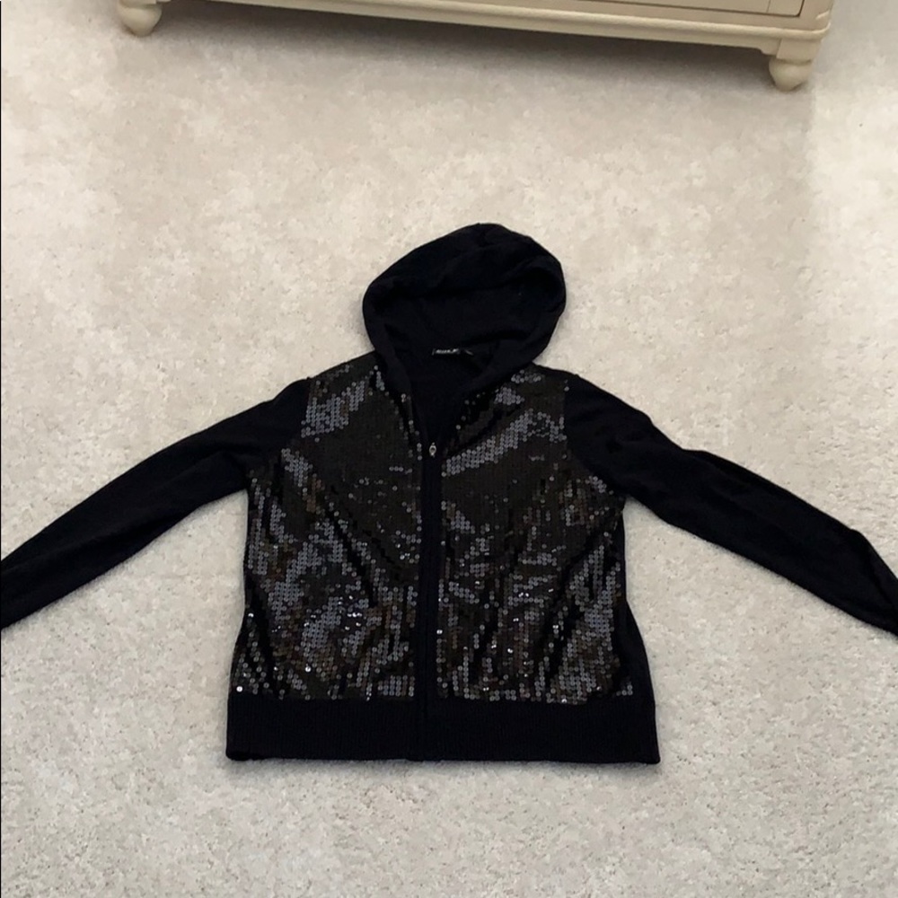 Black Sequined Hooded Zip-up Sweater